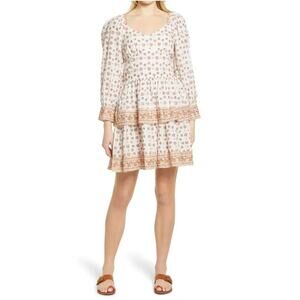 Cleobella Reina Border Print Boho Cotton Mini Dress Long Sleeve L